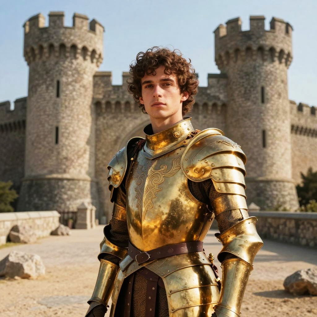 Young Man in Golden Medieval Armor Standing Outside Stone Castle