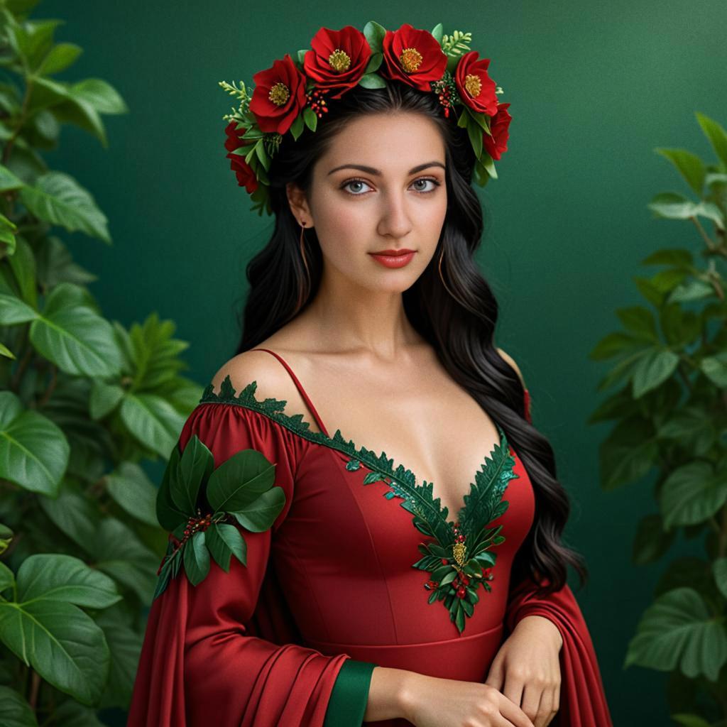 Stunning Woman in Red Gown with Floral Crown