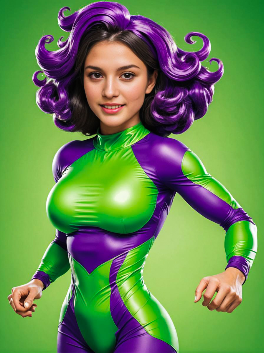 Woman in Purple and Green Superhero Costume