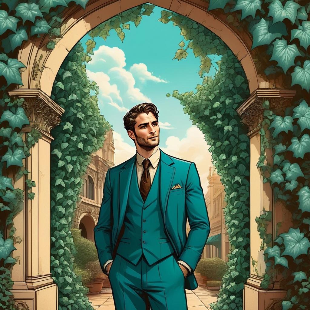 Elegant Man in Teal Suit Standing Under Ivy Archway Digital Art