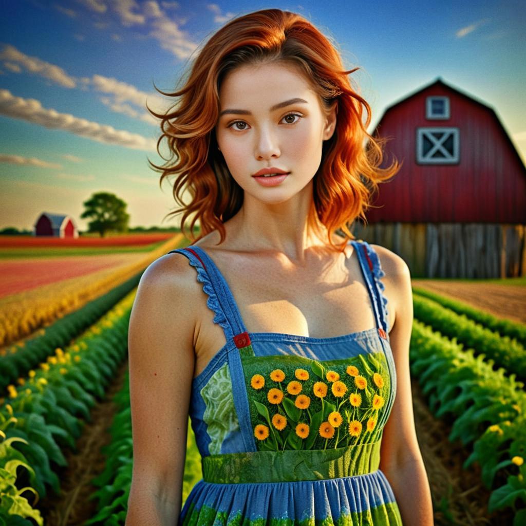 Young Woman in Colorful Sundress at Farm