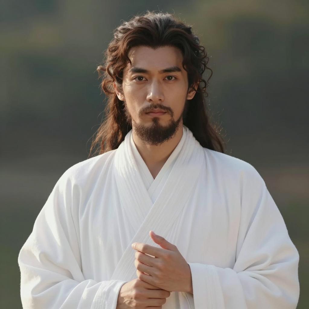 Man in Traditional White Robes with Long Hair and Beard Outdoors