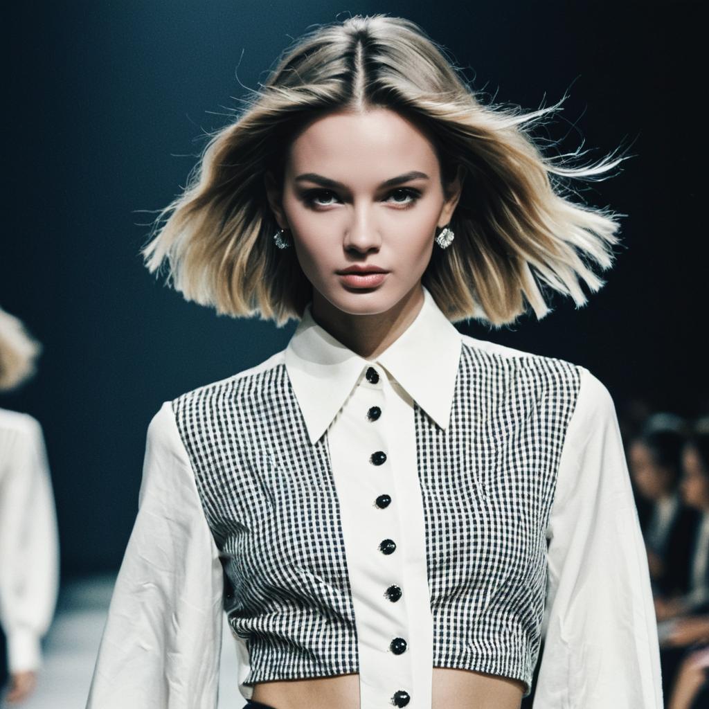 Blonde Woman in Black-and-White Checkered Fashion Crop Top on Runway