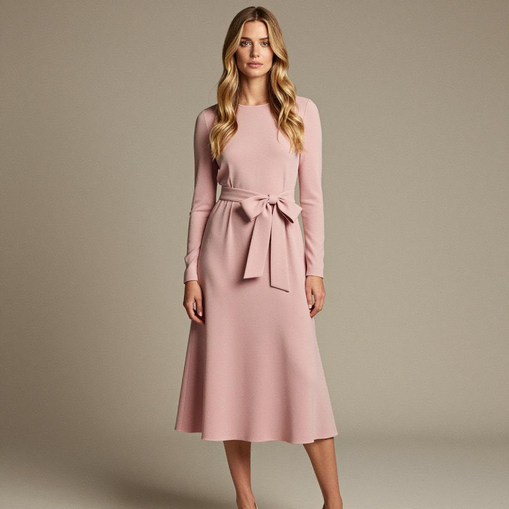 Elegant Pink Midi Dress with Waist Tie on Woman