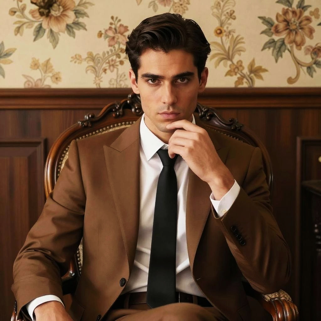 Young Man in Classic Brown Suit Sitting in Ornate Chair