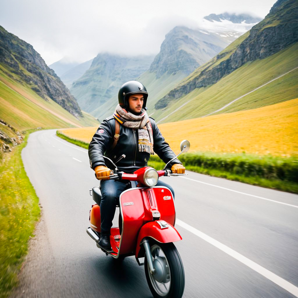 Man on Red Scooter in Scenic Mountains