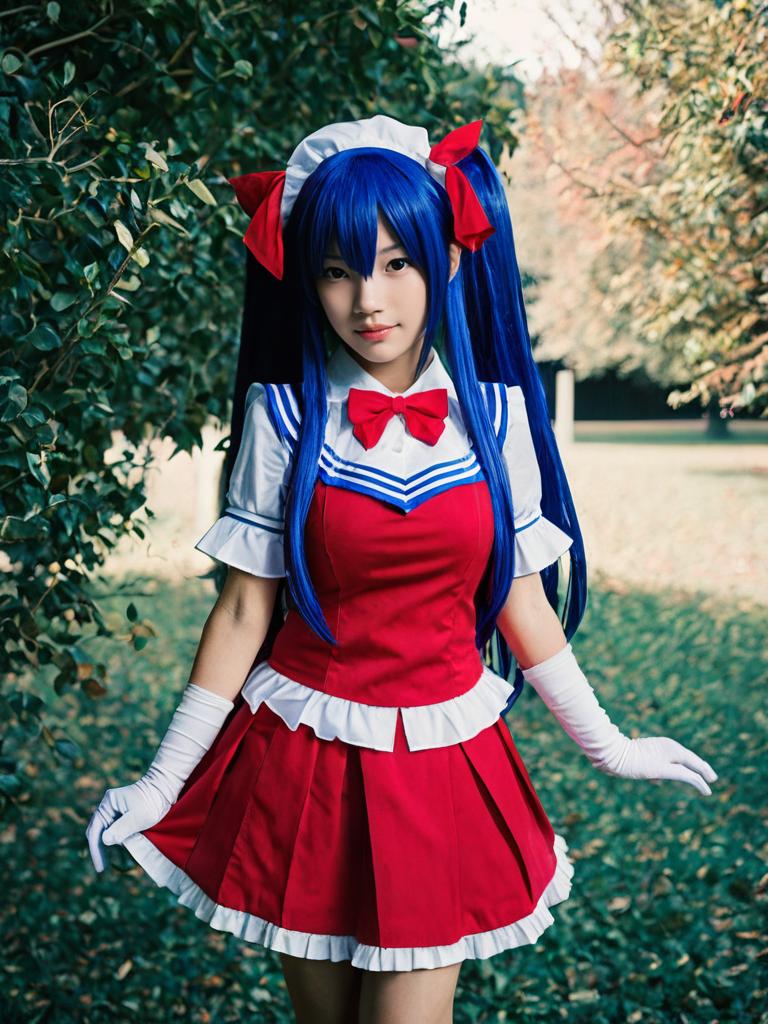 Realistic Wendy Marvell Cosplay Woman in Red Dress with Blue Hair