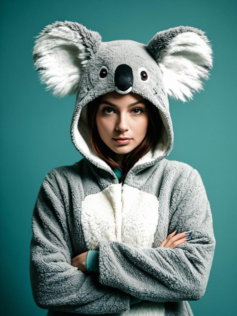 Woman in Realistic Koala Costume Plush Cosplay Portrait