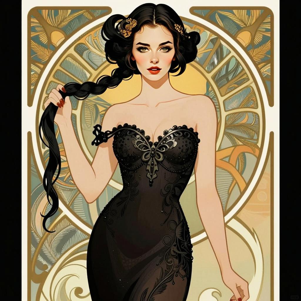 Elegant Woman in Black Gown with Art Nouveau Style Illustration