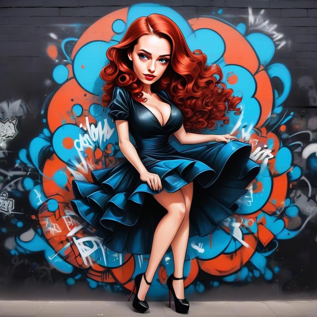 Confident Woman in Blue Dress Against Graffiti Wall