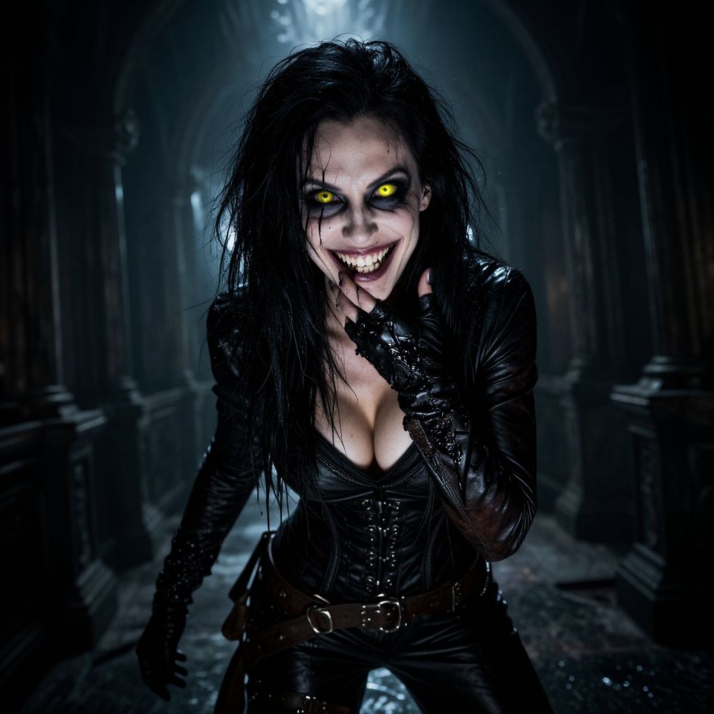 Sinister Woman with Glowing Eyes in Gothic Leather Outfit