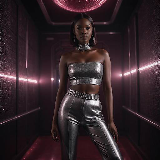 Futuristic Woman in Metallic Silver Fashion Outfit in Neon Corridor