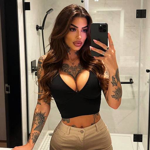Tattooed Woman Taking Mirror Selfie in Modern Bathroom Wearing Black Crop Top