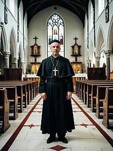 Man in Traditional Catholic Priest Costume Full Body in Gothic Church
