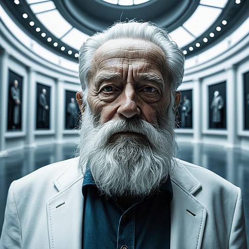 Hyper-Realistic Portrait of Elderly Man with White Beard in Modern Gallery