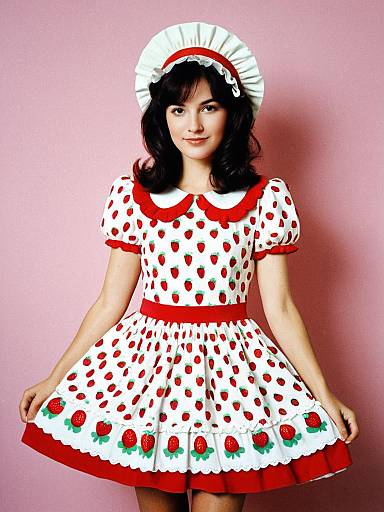 Woman Wearing Vintage Strawberry Shortcake Dress with Puff Sleeves and Headpiece