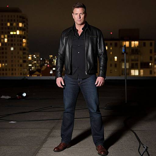 Man in Black Leather Jacket on Rooftop with City Nightscape