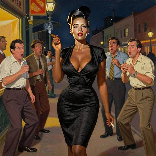 Vintage Pin-Up Style Woman Smoking Cigar and Cigarette with Astonished Men at Night