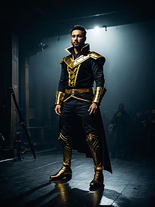 Man in One-Legged Gold and Black Costume at Cosplay Festival Photorealistic Portrait