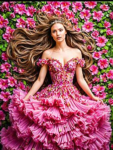Woman in Pink Gown Among Flowers