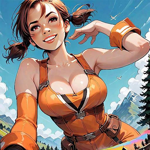 Anime Woman in Orange Outfit Against Mountainous Sky Background