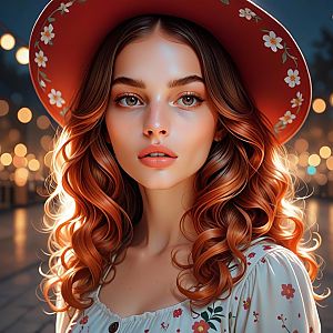 Young Woman with Red Hair and Floral Hat in Soft Bokeh Light