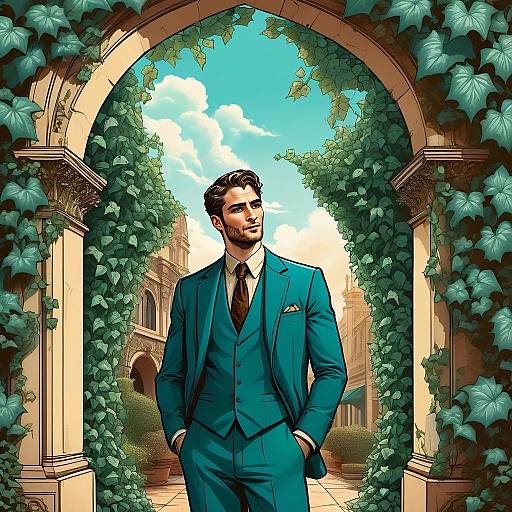 Elegant Man in Teal Suit Standing Under Ivy Archway Digital Art