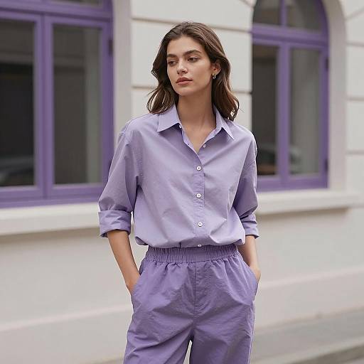 Young Woman Fashion Model Wearing Light Purple Monochromatic Outfit Outdoors