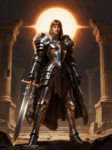 Epic Fantasy Woman Warrior in Gleaming Armor with Sword Under Celestial Light