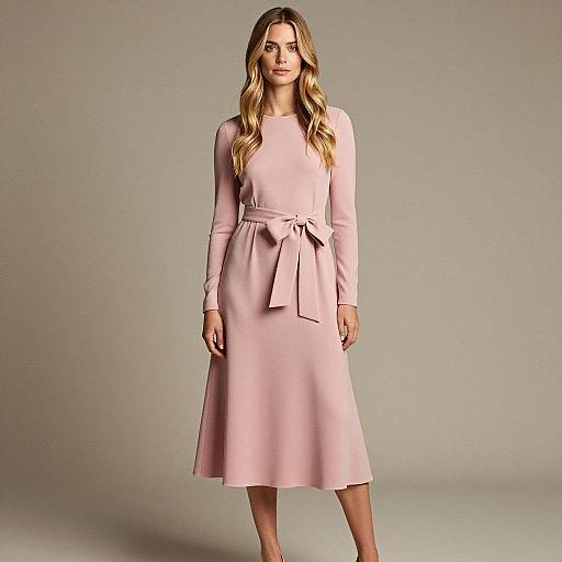 Elegant Pink Midi Dress with Waist Tie on Woman