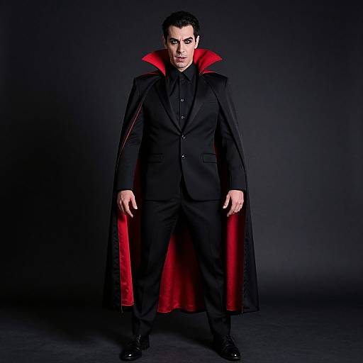 Man in Classic Black and Red Vampire Costume with Gothic Makeup
