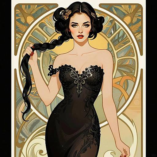Elegant Woman in Black Gown with Art Nouveau Style Illustration