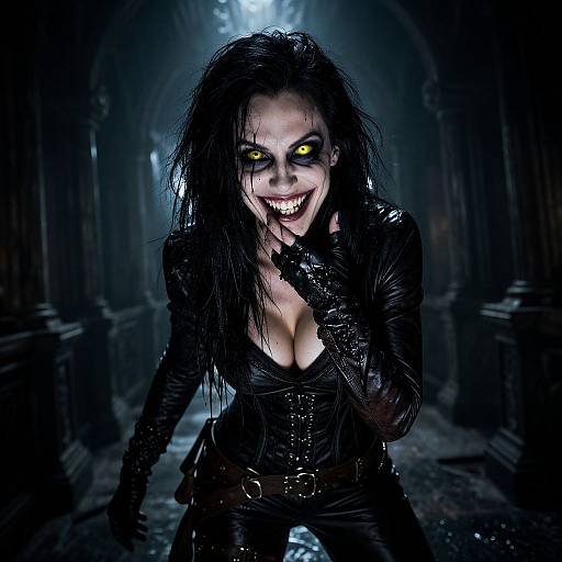 Sinister Woman with Glowing Eyes in Gothic Leather Outfit