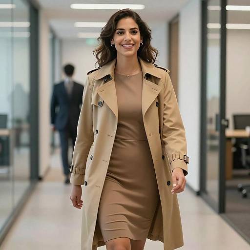 Confident Young Woman in Camel Trench Coat Walking in Modern Office