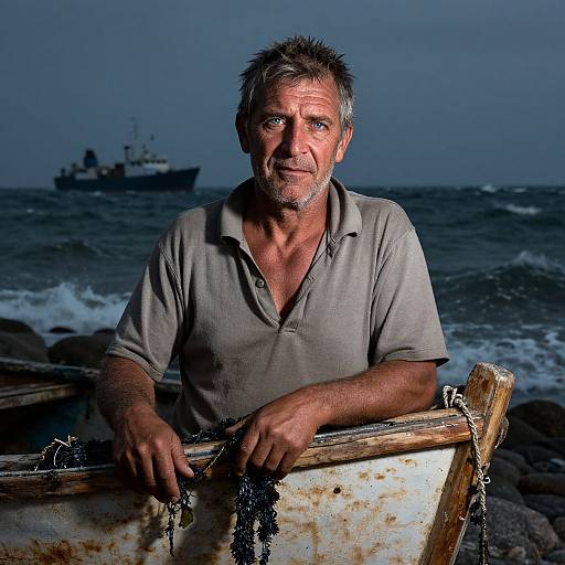 Portrait of Weathered Fisherman by Stormy Sea with Ship in Background