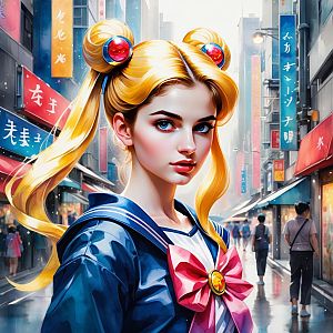 Young Woman in Blue Sailor Outfit on Bustling City Street