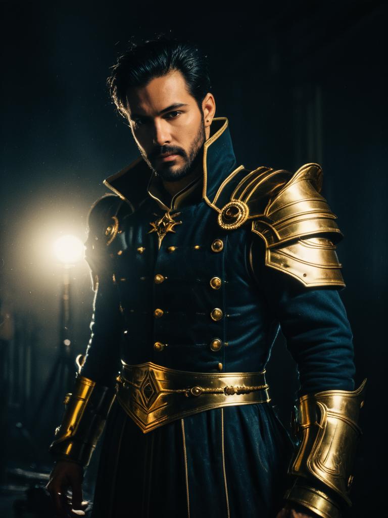 Man in Realistic Morag Ladair Cosplay Costume with Golden Armor