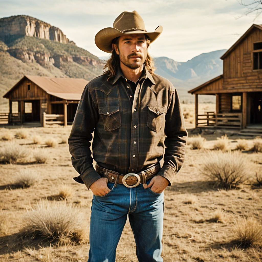 Western Cowboy Man in Rustic Desert Landscape with Barns