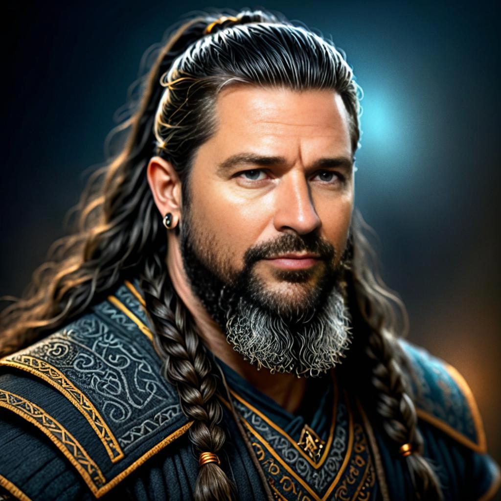 Regal Man with Braided Hair and Beard in Ancient Attire