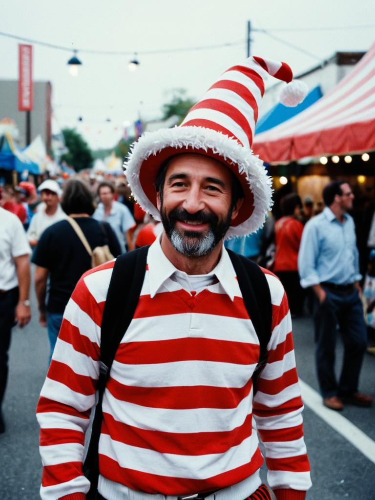 Man in Waldo Costume at Outdoor Festival Portrait