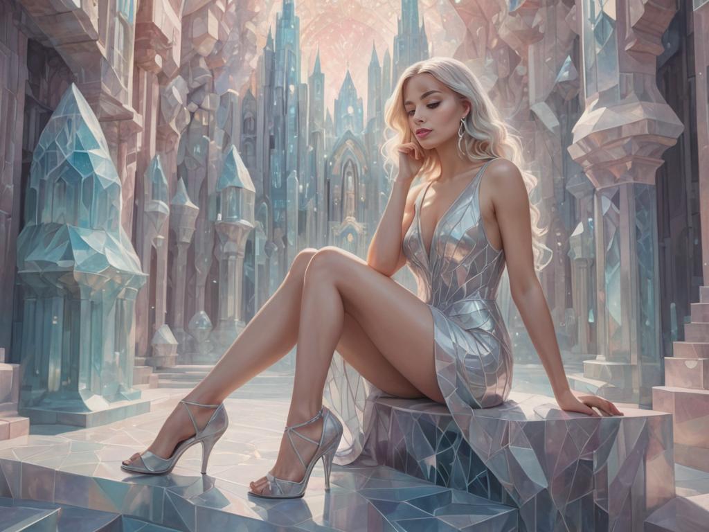 Elegant Woman in Shimmering Silver Dress in Fantastical Setting