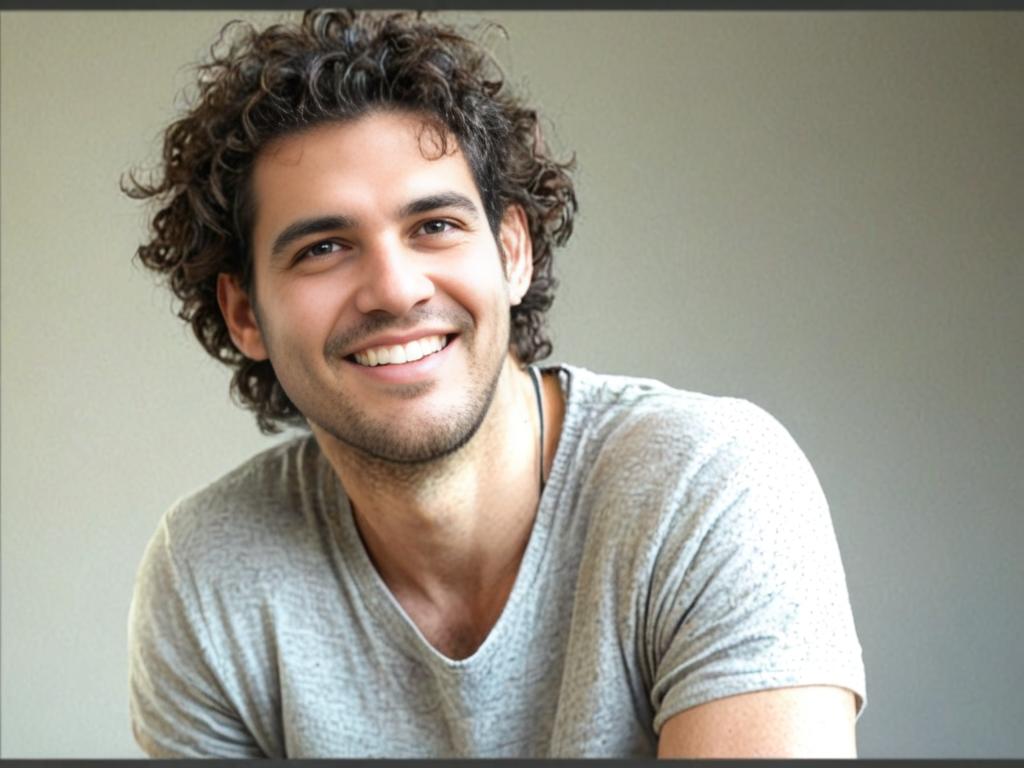 Young man with curly hair and friendly smile in casual grey t-shirt