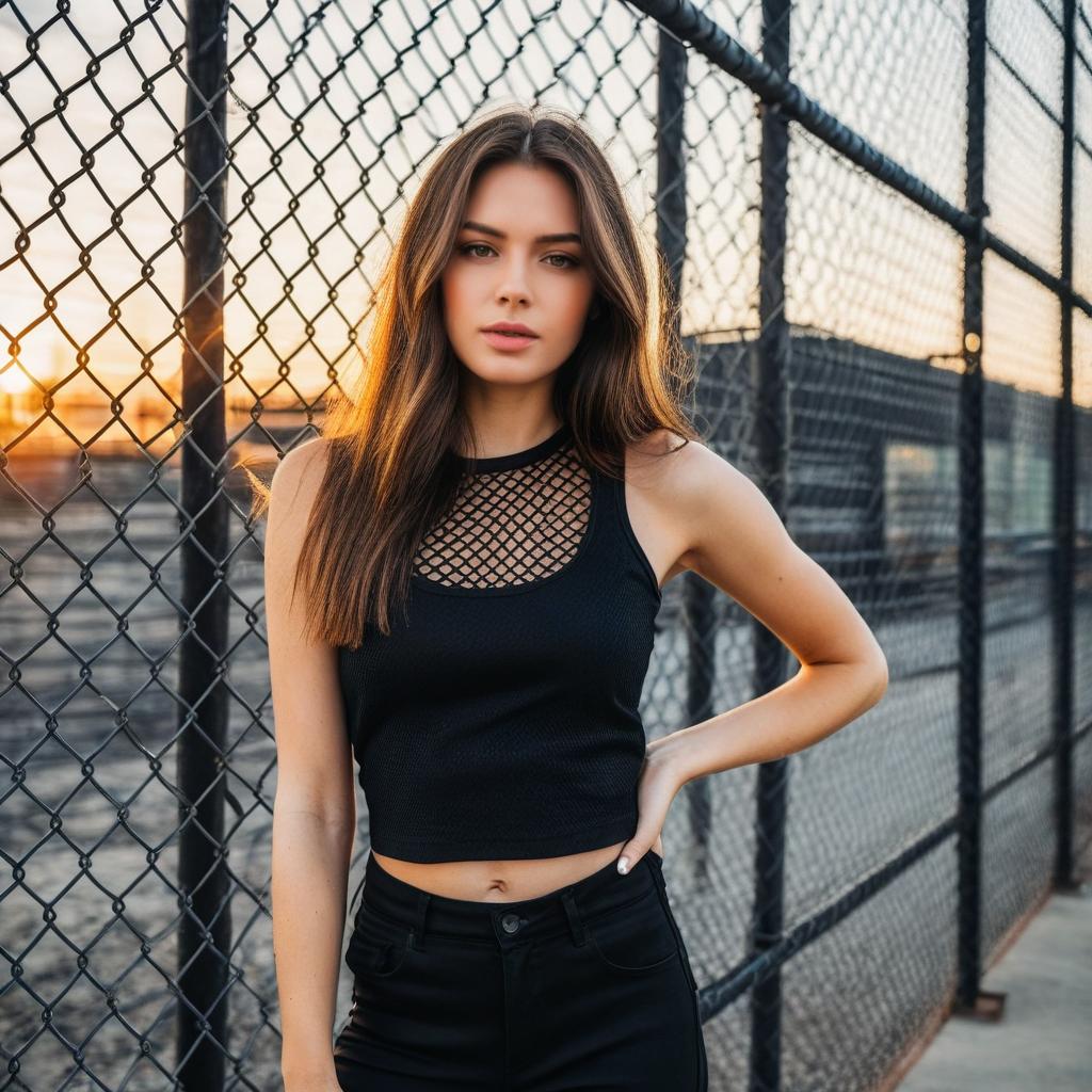 Young Woman in Black Crop Top by Chain-Link Fence at Sunset