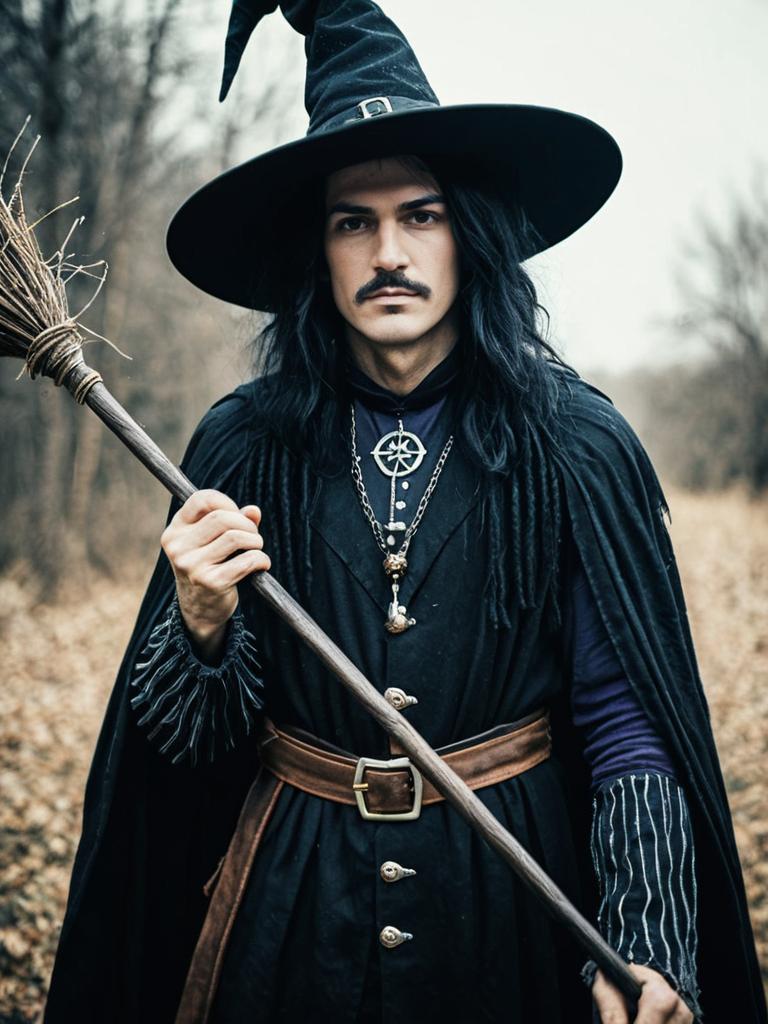 Man in Modern Witch Costume Holding Broomstick in Forest