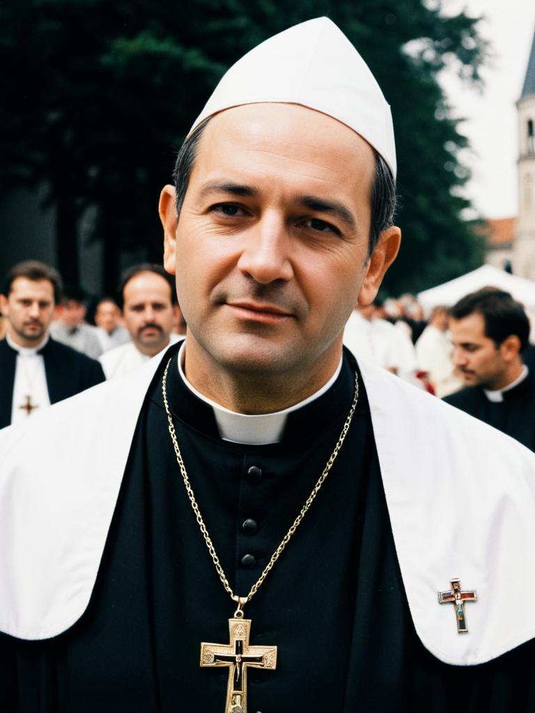 Man in Catholic Priest Costume Candid Festival Portrait Photorealist