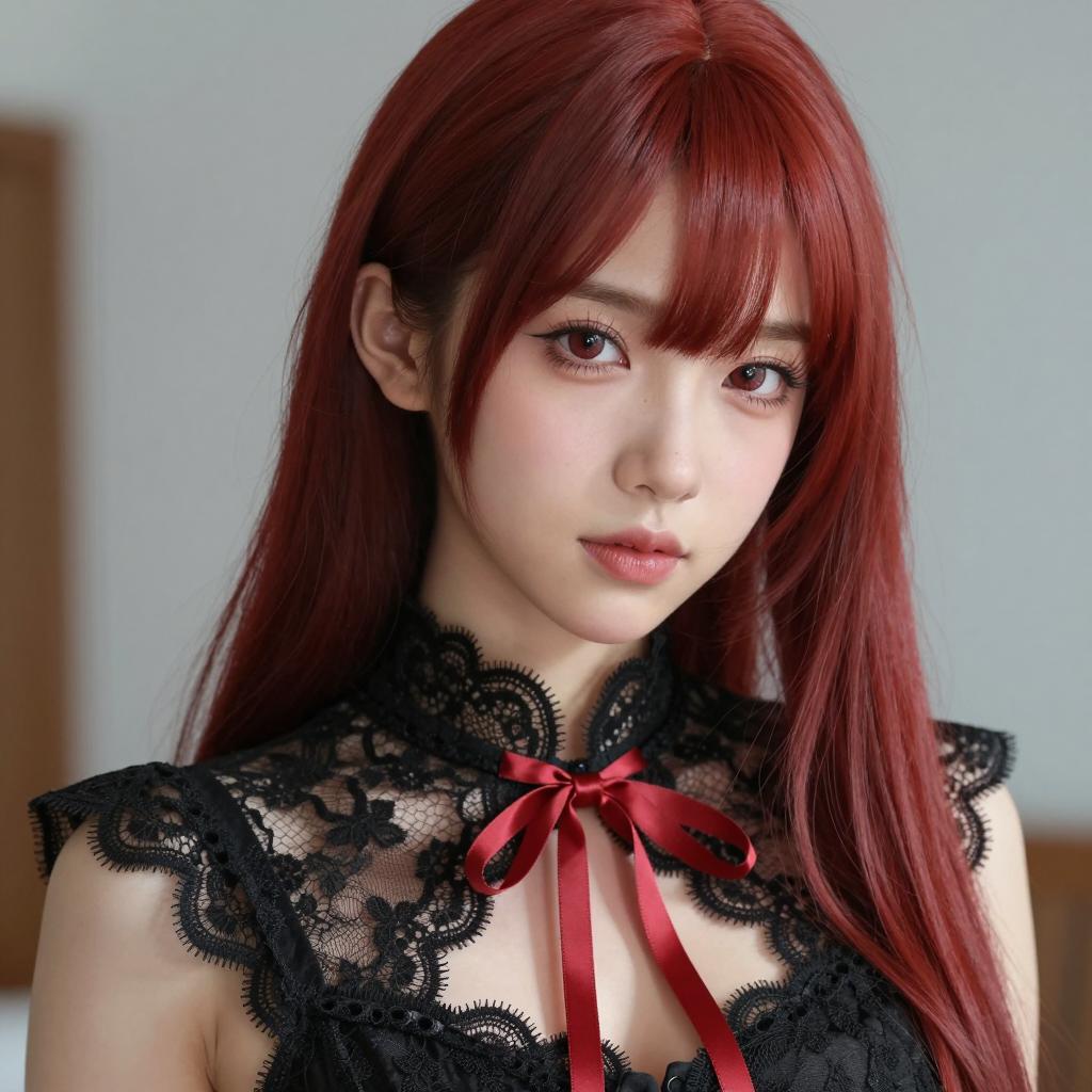 Elegant Gen Z Woman with Red Hair in Black Lace Top and Satin Ribbon