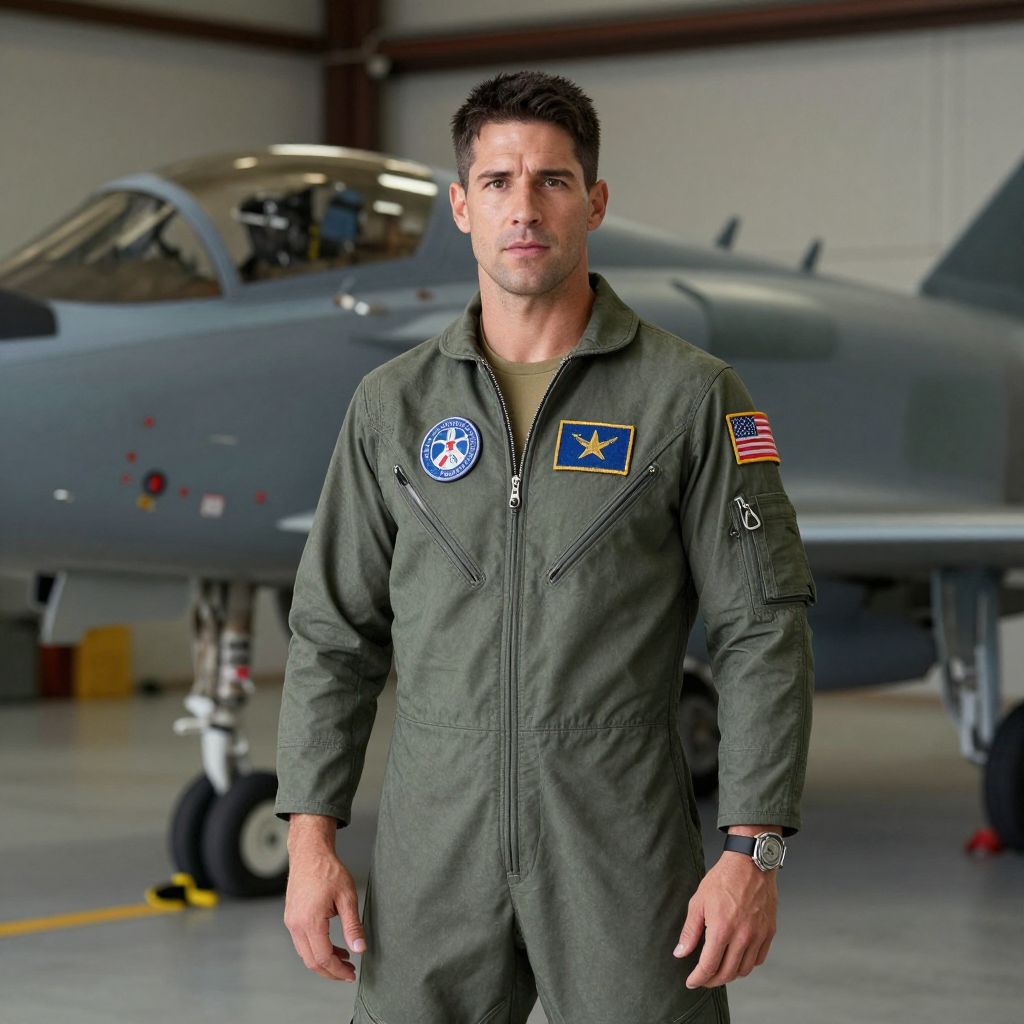 Male Military Pilot in Flight Suit Standing by Fighter Jet in Hangar
