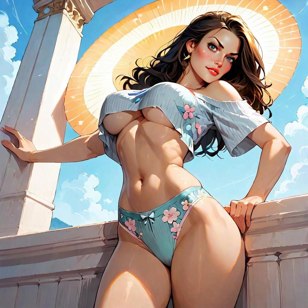 Confident Woman in Floral Bikini and Off-Shoulder Top Digital Illustration
