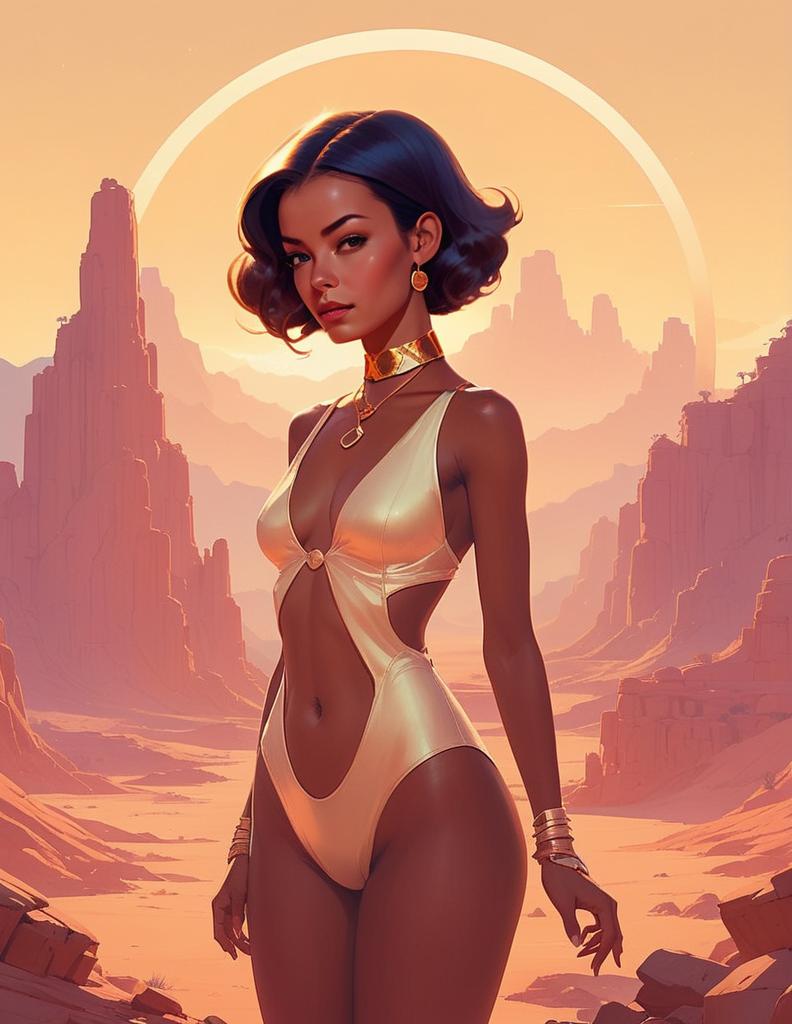 Digital Art of Woman in Gold Swimsuit Desert Landscape