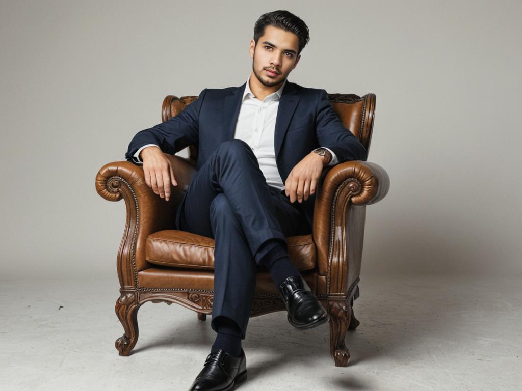 Confident Man in Navy Suit Relaxing in Leather Armchair